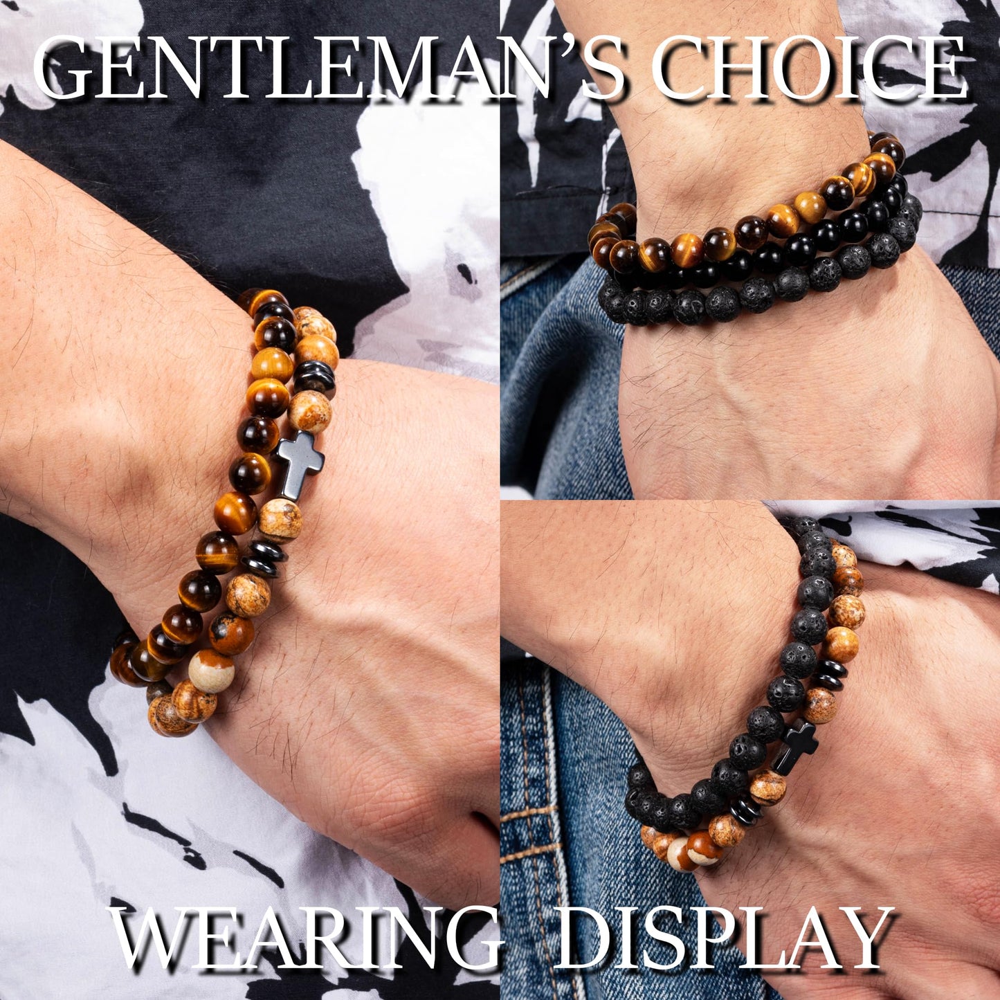 Crystery Men Beaded Bracelets, 8mm Natural Stone Bracelet, Healing Crystal, Jewelry Gifts for men, Triple Protection, Picture Stone, Tiger Eye, Black Obsidian Beads Bracelets, Lava Rock, Pack of 4