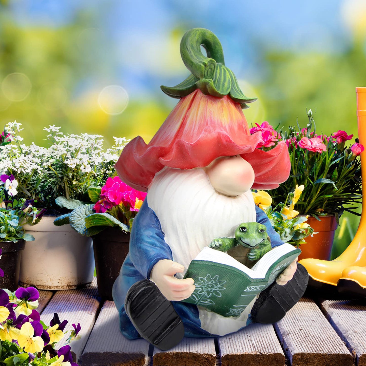 Sinhra Garden Gnome Statue-Resin Gnome Figurine Hugging Turtle Reading Book with Solar LED Lights，Outdoor Summer Decorations for Patio Yard Lawn Porch,Garden Ornament Gift