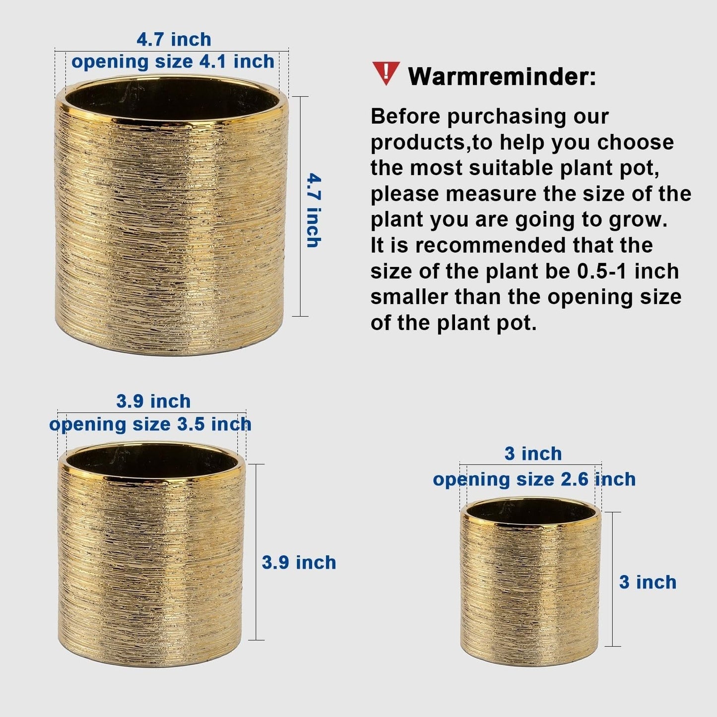 ROMANDECO CRAFT Indoor Plant Pot Flower Holder Ceramic Houseplant Pots Gold Shinny (Opening Size 4.1+3.5+2.6 inch) with Hole (Not Contain Plant)