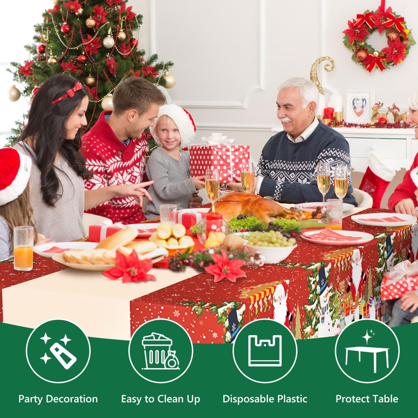 CartaChic Christmas Tablecloth Disposable 3 Pack – 54 x 108 Inch Red Plastic Christmas Snowman Table Cloth for Rectangle Tables，Xmas Decor Holiday Party Supplies