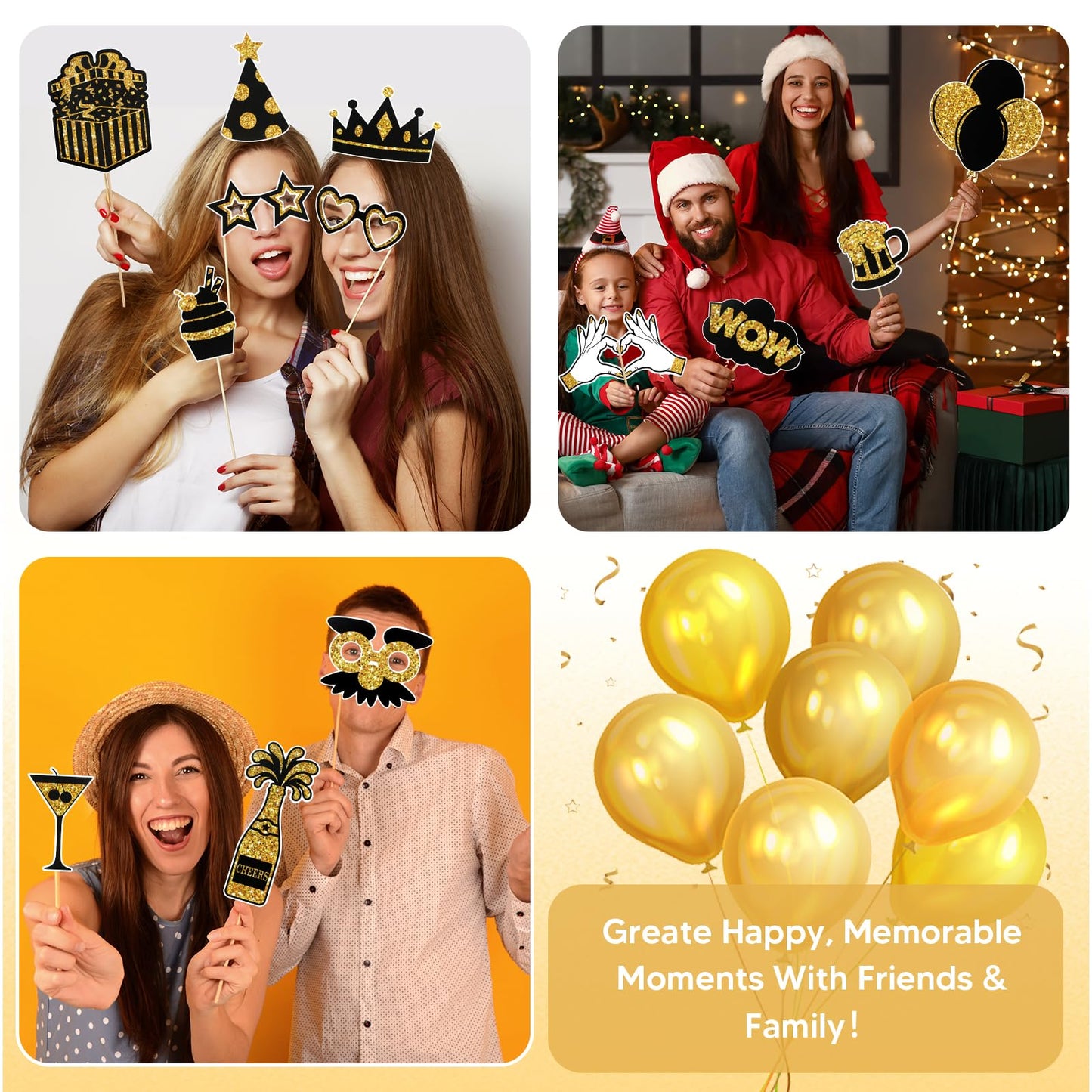 36PCS Black and Gold Photo Booth Prop, Birthday Party Photo Booth Props for Photoshoot Birthday Party Photobooth New Year Graduation Anniversary Party Supplies Black and Gold Graduation Decorations