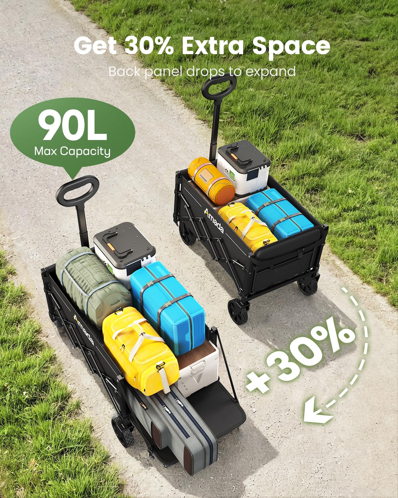 Small Wagon Cart Foldable, Collapsible Wagon with 360 LBS Max Load & Expandable Storage, 90L Foldable Grocery Cart with 2 Cup Holders for Outdoor, Garden, Camping &Groceries-Black