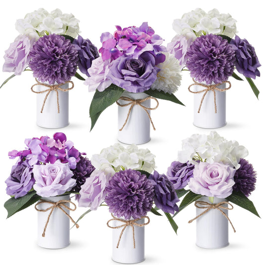 Zeyune 6 Sets Artificial Spring Centerpiece for Tables Fake Purple Plants with Galvanized Pots Farmhouse Purple Flowers Bouquet for Wedding Home Office Rustic Decor