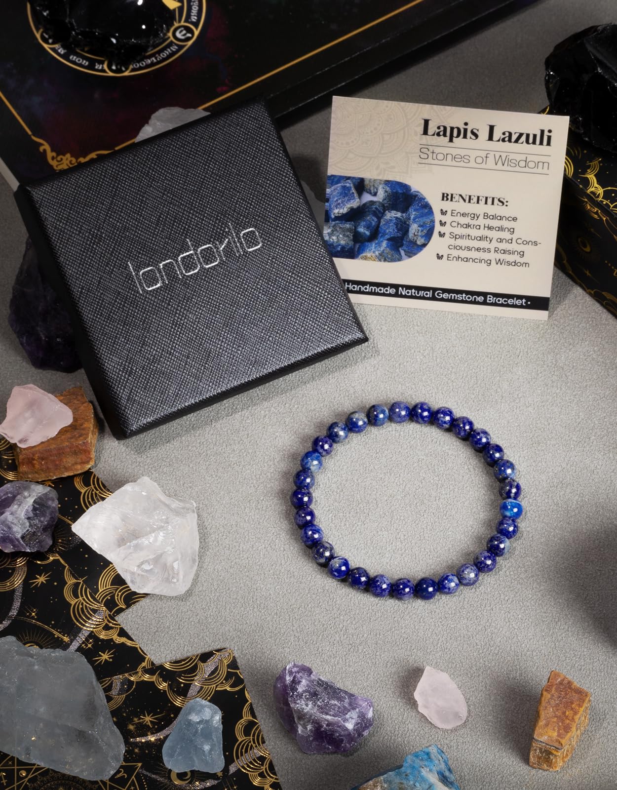Landorilo Beaded Bracelet for Men Women, 6mm Natural Stone Lapis Lazuli Healing Crystal Stretch Bracelets, Ideal Christmas Birthday Jewelry Gifts with Energy Card，Replacement Beads Included