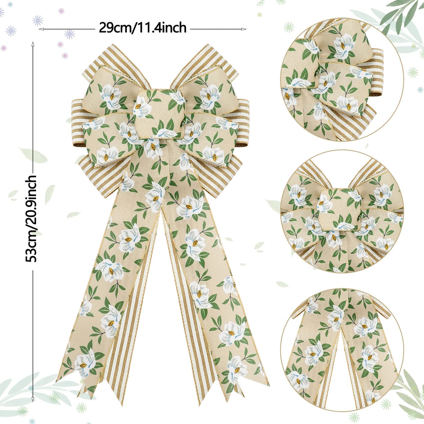 Whaline 2 Pack Spring Flower Wreath Bow Magnolia Floral Rustic Burlap Wired Edge Bow 11 x 21 Inch Large Spring Summer Farmhouse Wreath Bows Decor for Indoor Outdoor Wall Home Party Decoration