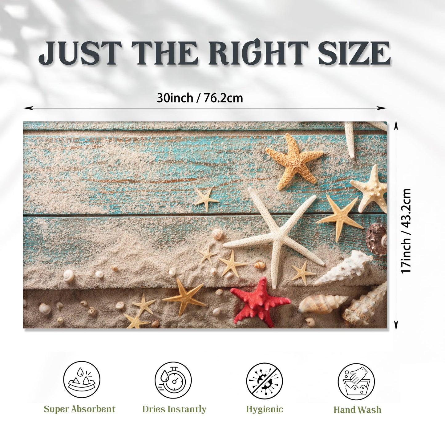 Door Mat,Beach Seashell Starfish Front Doormats 17''x30'',Blue Wooden Indoor Outdoor Entrance Welcome Mat,Low-Profile Floor Rugs for Entry Patio