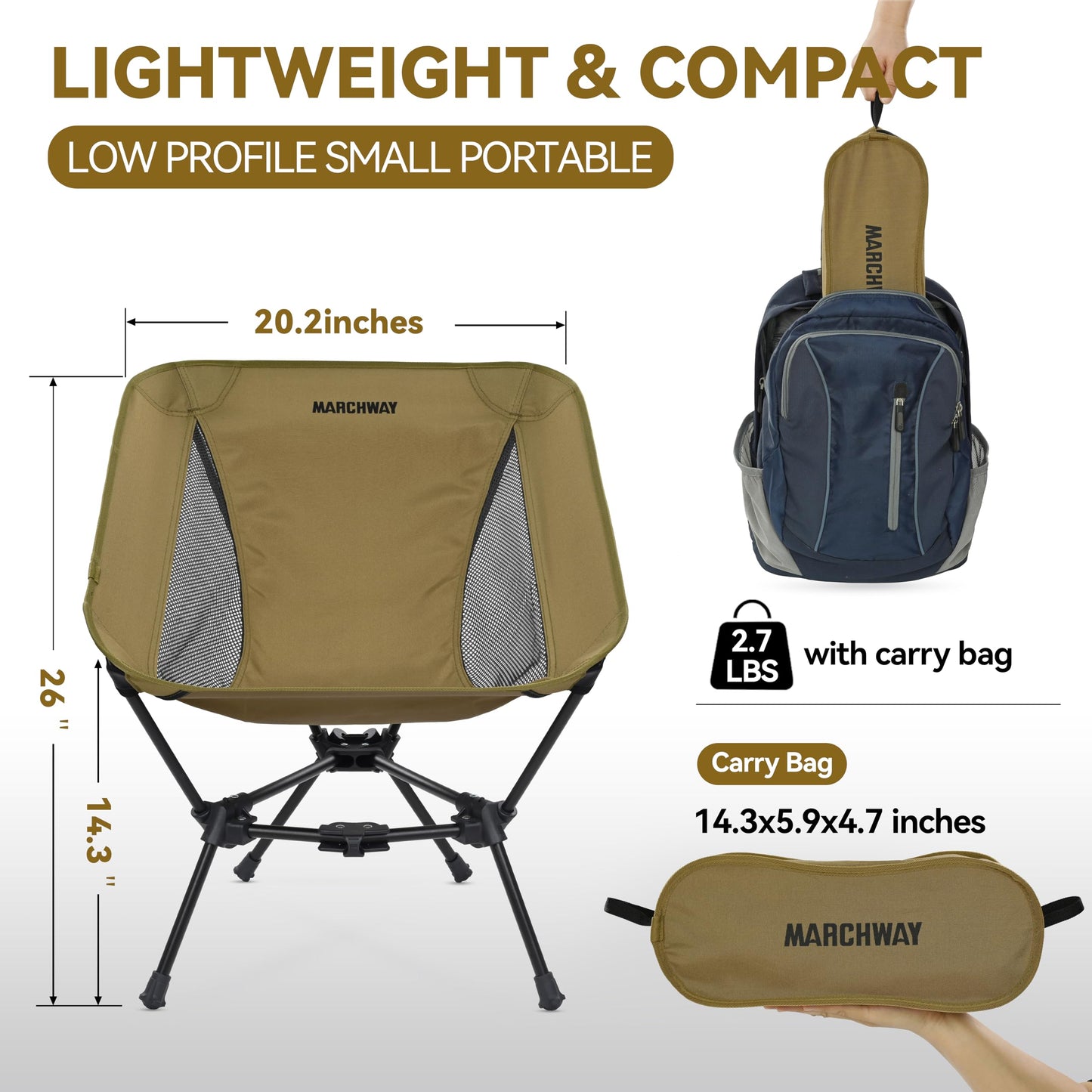 MARCHWAY Lightweight Folding Camping Chair, Portable Foldable Compact for Outdoor Camp, Travel, Beach, Picnic, Festival, Hiking, Backpacking, Supports 330Lbs (Khaki)