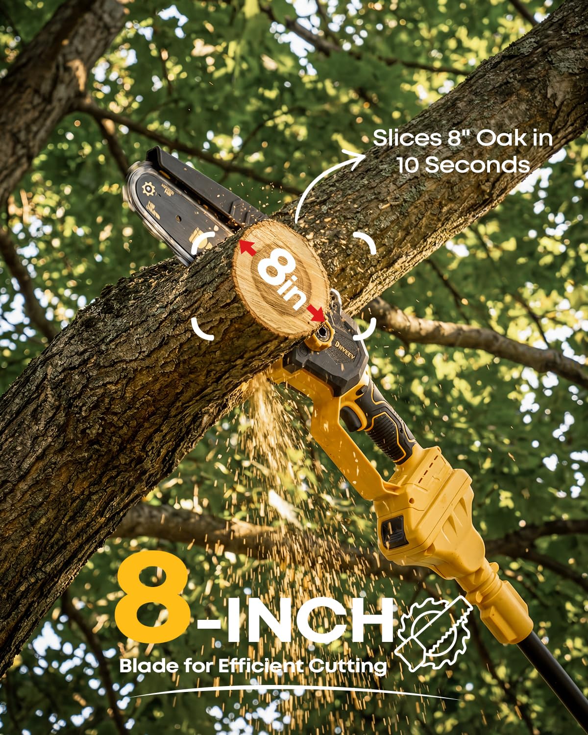 Dnveey 8-Inch Cordless Pole Saw for Tree Trimming, Compatible with DeWalt 20V Max, 15.6FT Extendable 2-in-1 Mini Chainsaw & Tree Trimmer, 800W Brushless [Tool Only - No Battery]