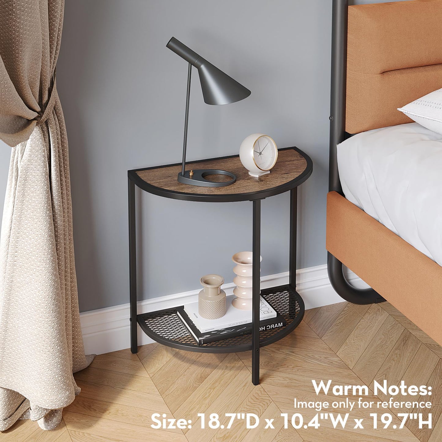 SAYGOER Small Side Table 19.7'' Half Moon Side Tables for Living Room 18.7"*10.4" Unique Modern Half Round Bed for Home Balcony 2 Tier Couch Tables with Storage Shelf, Adjustable Feet, Dark Walnut