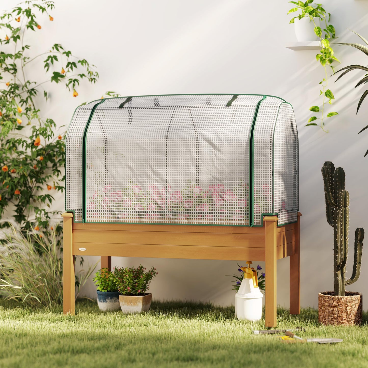 Outsunny Raised Garden Bed with PE Greenhouse Cover Outdoor Elevated Wood Planter Box for Herbs and Vegetables, Use for Patio, Backyard, Balcony, 48 x 22 x 46 inch, Sand