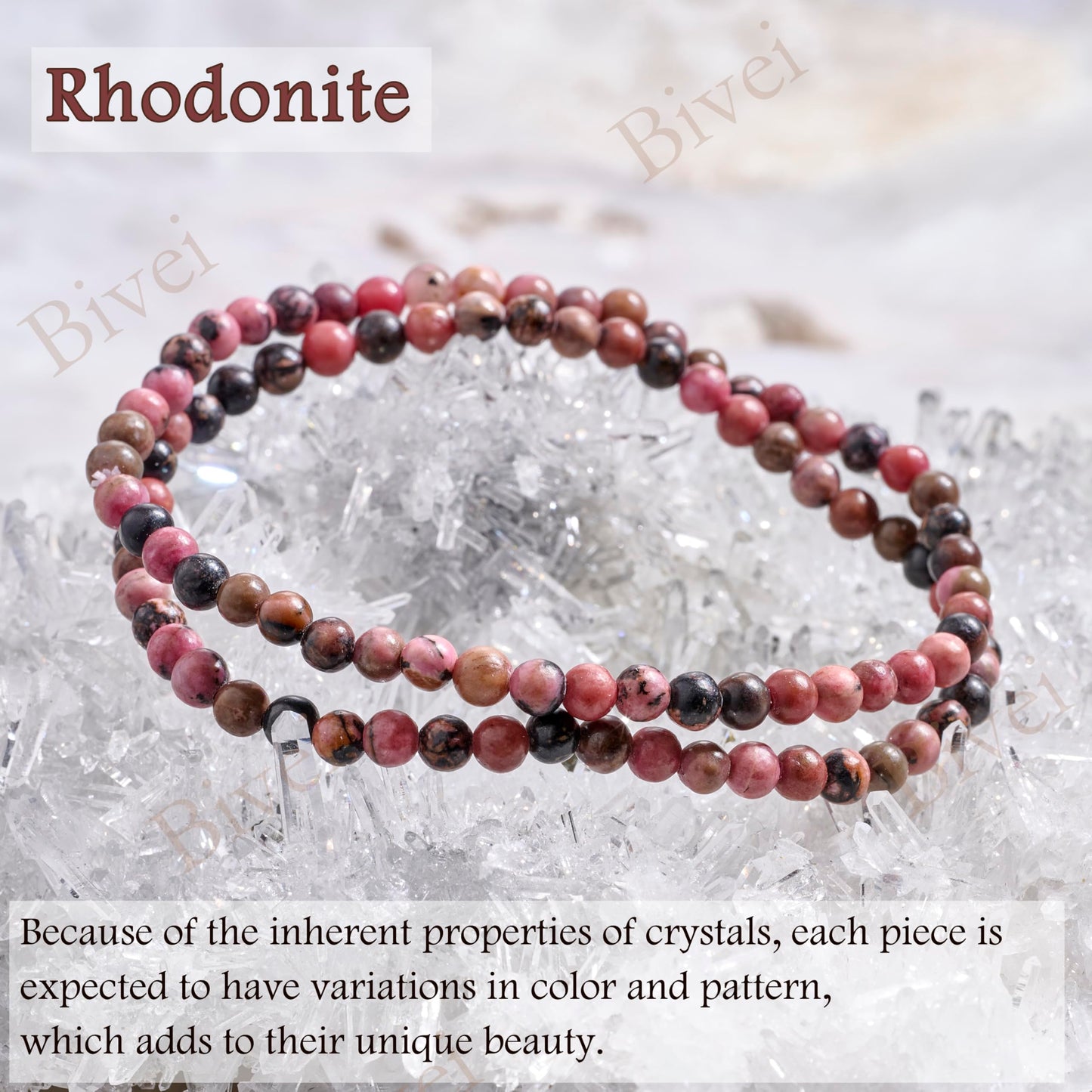Bivei Rhodonite - Healing - 4mm Beaded Bracelets for Women Handmade Semi Precious Natural Stone Stretch Elastic Jewelry Yoga Protection Gifts