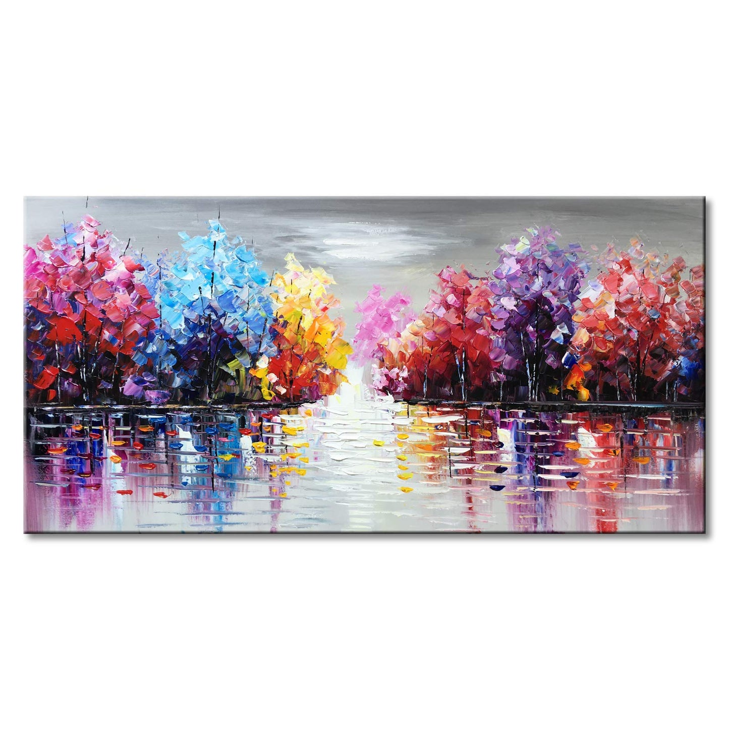 Hand Painted Lake Landscape Canvas Wall Art with Colorful Tree Thick Texture Oil Painting Abstract Artwork (48 x 24 inch)