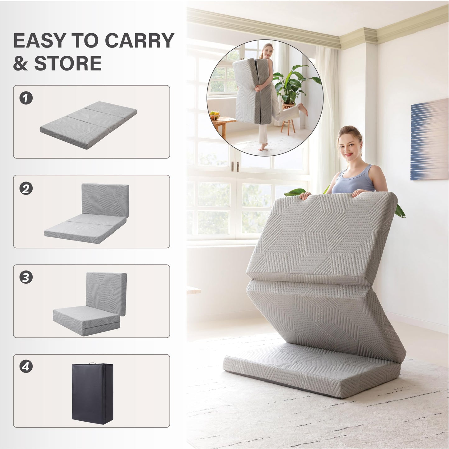MLILY Tri-Fold Memory Foam Topper, 4 inch Single Folding Mattress Topper with Collapsible and Washable Cover, Travel and Guest Mat, 75"×25"×4", Grey