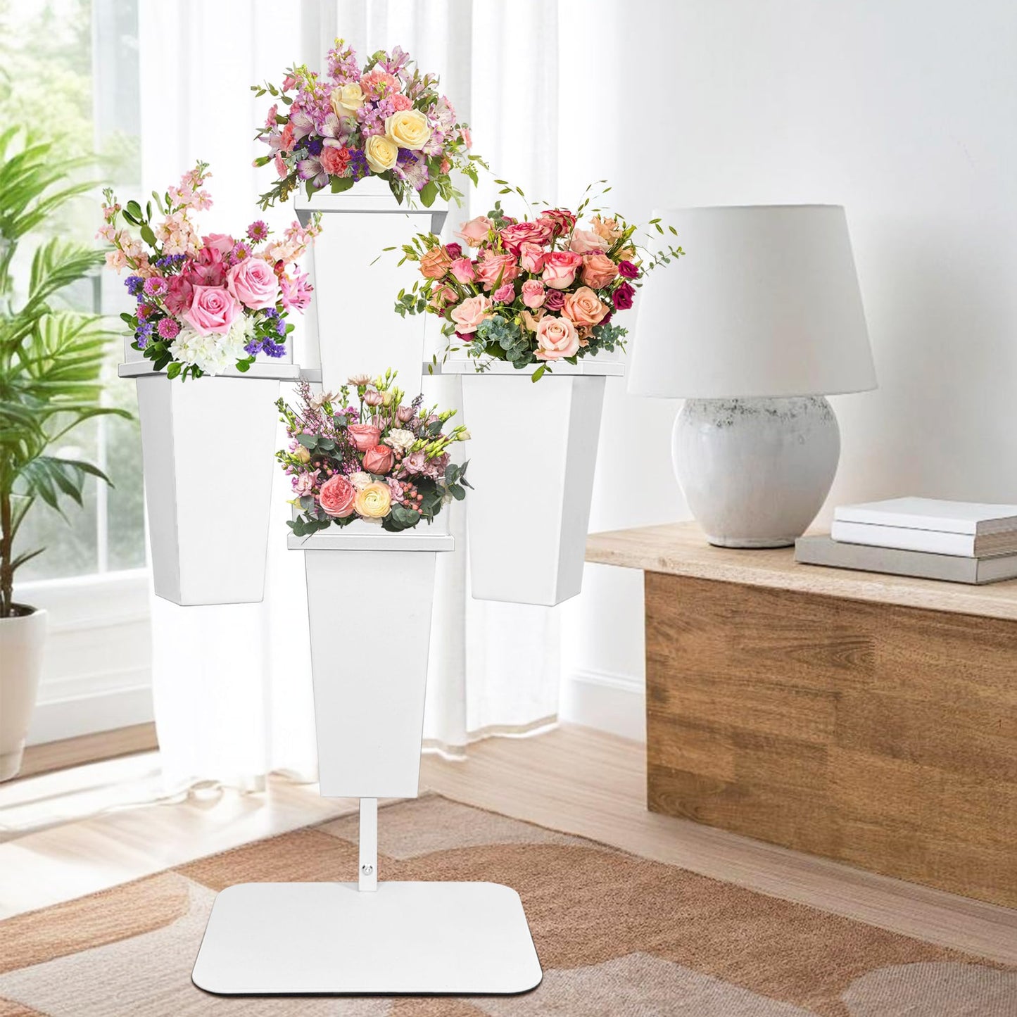 PROLEE Flower Display Stand with Buckets, Wedding Flower Cart Display Stand with Wheels,Flower Stand for Wedding Party, Events and Garden Decor (White)