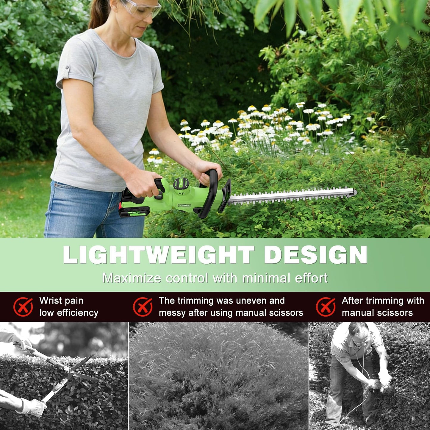 22'' Hedge Trimmer Cordless with Battery 2×2.0Ah, SOARFLY 3000RPM 180° Rotatable Handle Electric Hedge Trimmer, Dual Safety Lock 20V Powerful Bush Trimmers Tree Trimmer for Garden Lawn Yard Pruning