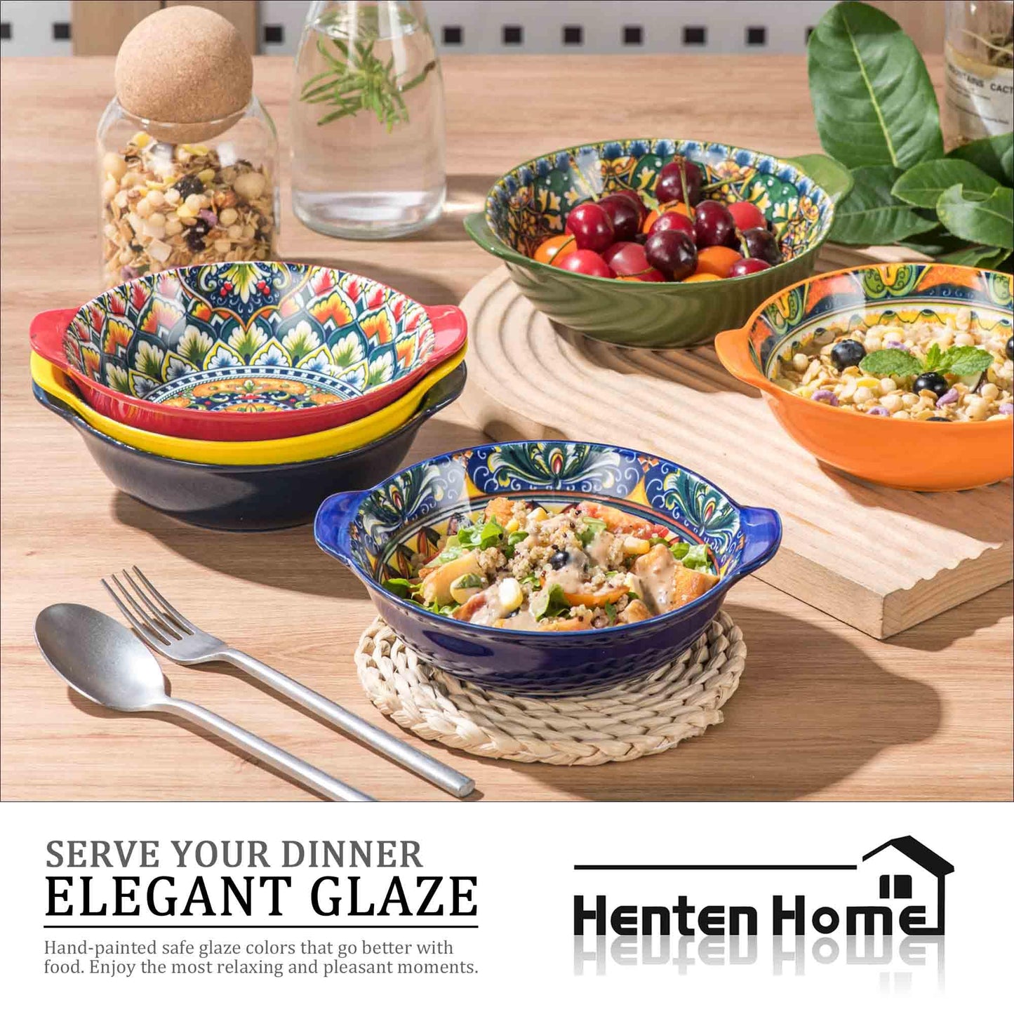 Henten Home Ceramic Soup Bowls Set, 14 oz Cereal Bowl Set of 6, Porcelain Small Dessert Bowls with Handle, for Serving, Snack, Salad, Bohemian, Microwave & Dishwasher Safe