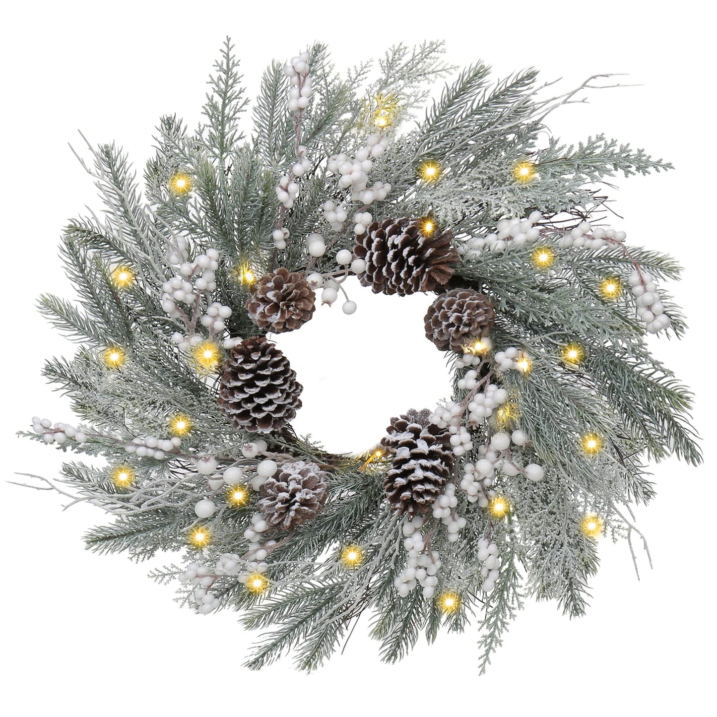 Christmas Wreath for Front Door 26" Large White Xmas Wreath with Frosted Pinecone Berries Battery Operated LED Wreath for Christmas Outdoor Window Fireplaces Walls Home Winter Decor, Briful
