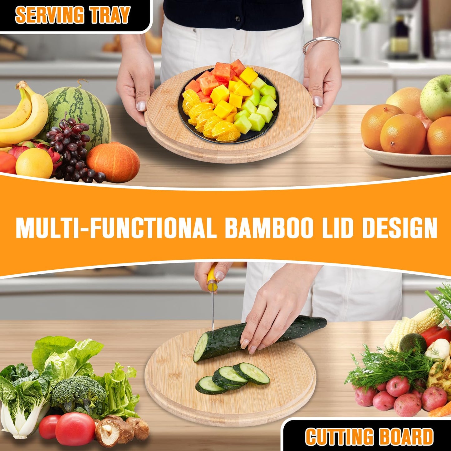 Bamboo Fiber Salad Bowl, Large Bamboo Salad Bowl with Lid Spoon and Fork, 9.8inches Mixing Bowl with Servers bamboo wooden salad bowl with lid for Salad Fruits Pasta Vegetables