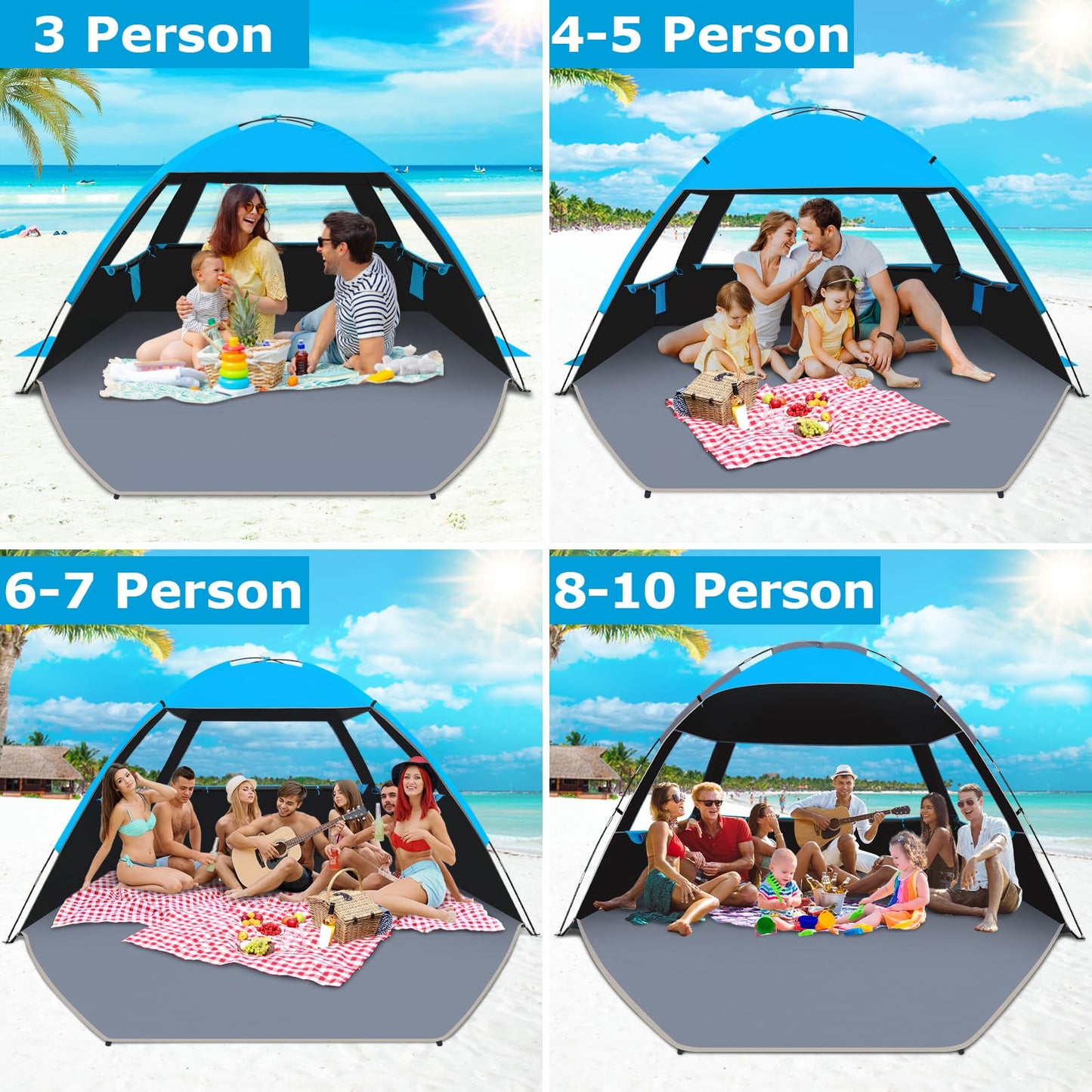 Gorich Beach Tent Sun Shelter for 3/4/6/8/10 Person with UPF 50＋ UV Protection, Lightweight & Easy Setup Beach Shade Canopy, Portable Beach Shade Tent Beach Cabana