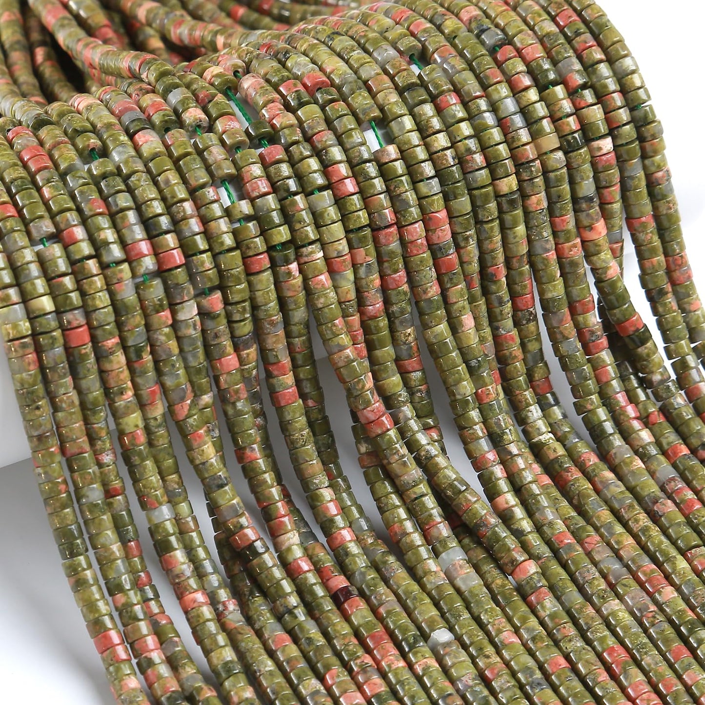 150pcs 2x4mm Natural Unakite Green Stone Tube Shape Beads Loose Flat Round Cylinder Flat Spacer Green Stone Beads for Bracelet Earrings Jewelry Making