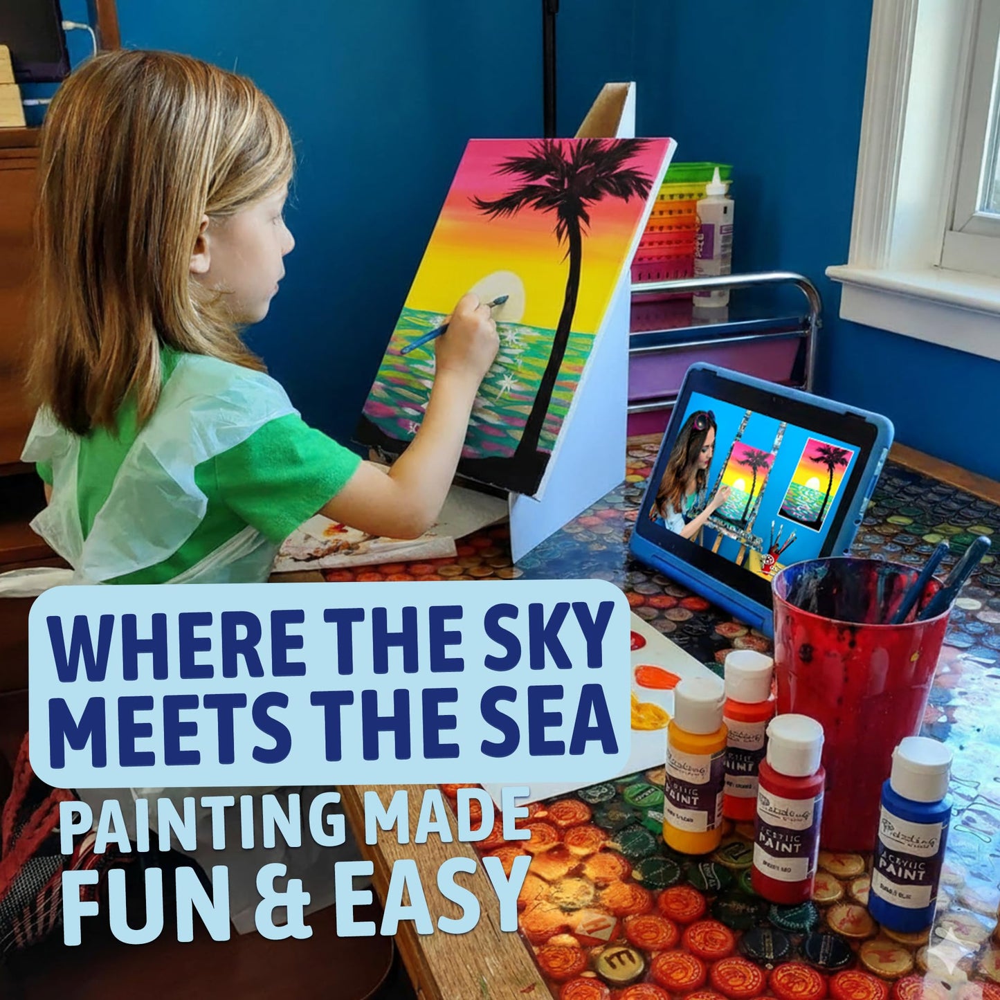 Painting to Gogh - Where the Sky Meets the Sea – Junior Artist Painting Kit – Ages 6+ – 11x14 Canvas, 3 Paint Brushes, Acrylic Paint, Cardboard Easel, Palette, Apron & Step-by-Step Tutorial for Kids