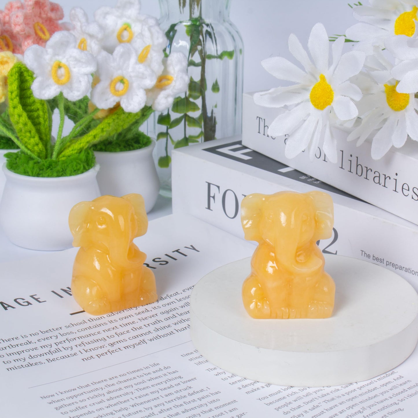 Ytbeoxk 2 Inch Crystal Elephant Decor Statues, Yellow Calcite Cute Sitting Elephant Figurines, Reiki Healing Crystal Carved Animal Statues, Home Office Desk Hand Carved Decor Gifts for Women