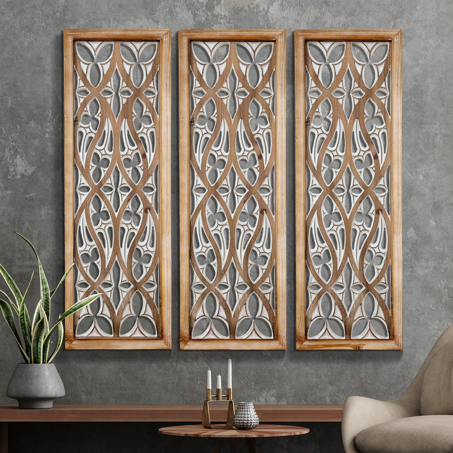 XIAOAIKA Hand Carved Boho Wood Wall Art - Decorative Large Wall Panels, Antique Distressed Wood Sculpture, Elegant Wall Decor Hanging Plaque, Suitable for Gifting (35.5 Inch, 3 Panels)