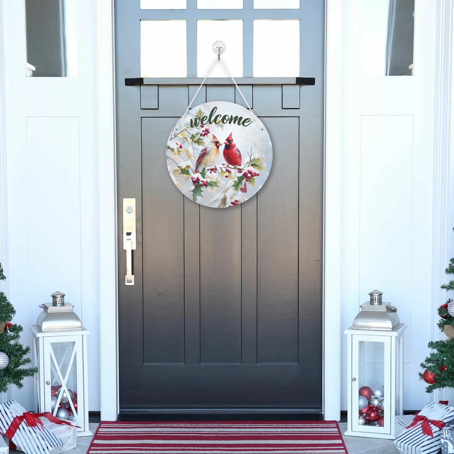 1 Pcs Winter Welcome Cardinal Bird Front Door Sign, Christmas Cardinal Bird Round Hanging Sign, Twig Berry Snow Outdoor Porch Home Wall Patio Garden Farmhouse Holiday Decor, 11 x 11 inches