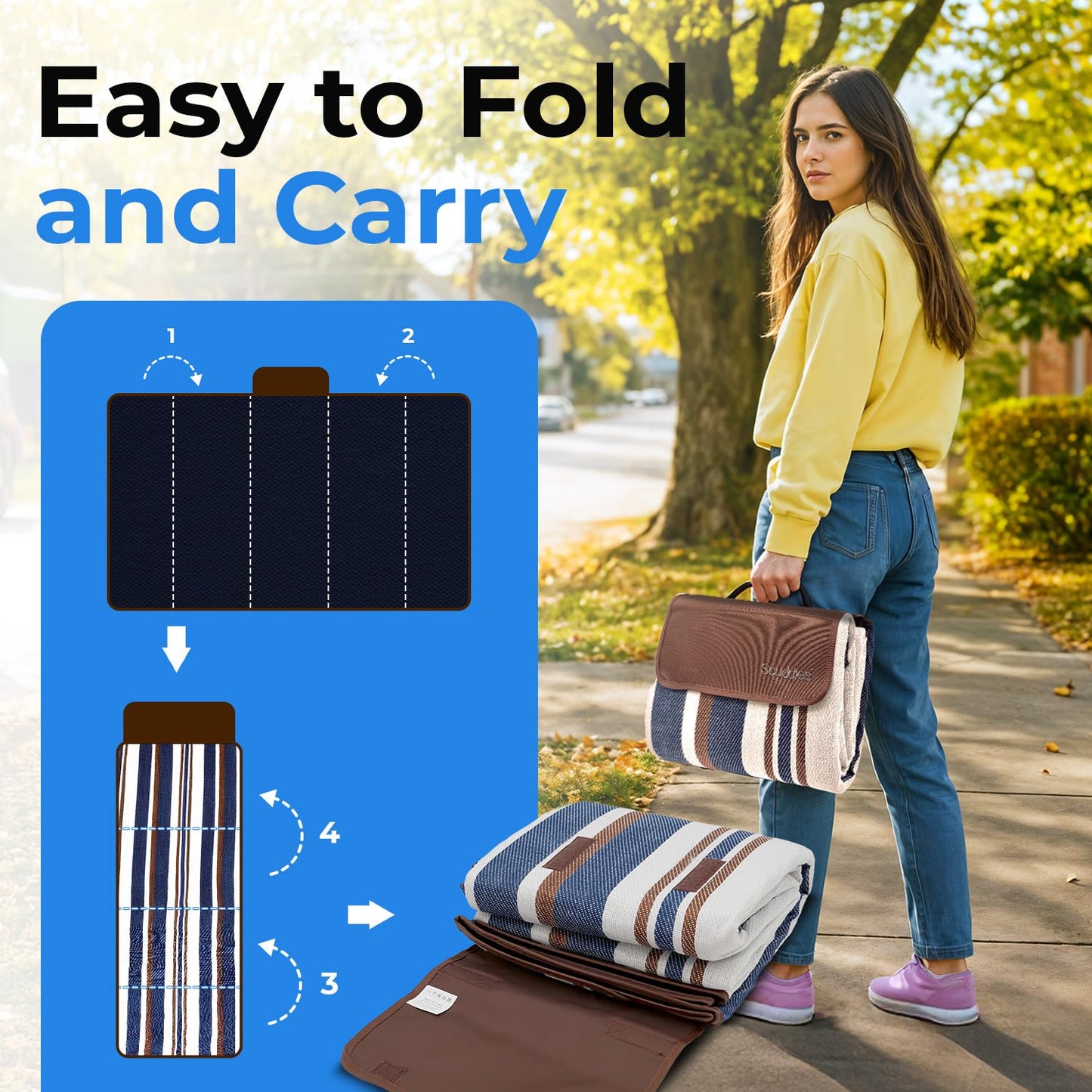 scuddles Extra Large Picnic Blanket – 60" x 80" Waterproof Outdoor Mat with Soft Dual-Layer Comfort, Foldable Travel Rug for Beach, Camping, Lawn, Parks & Family Picnics