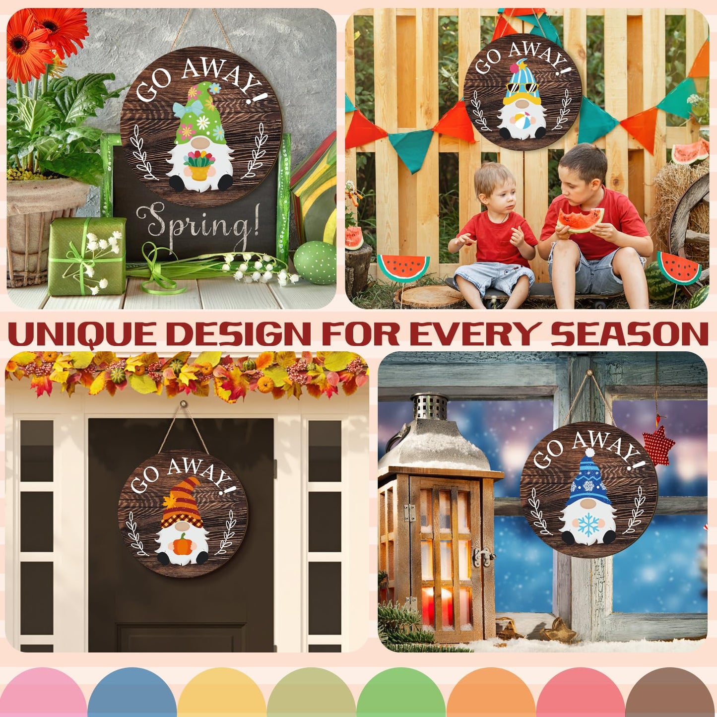 Easter Seasonal Gnome Wall Decor Set, 11.8 inch Wooden Round Sign with Interchangeable Holiday Hats, Go Away Door Hanging (Attractive)