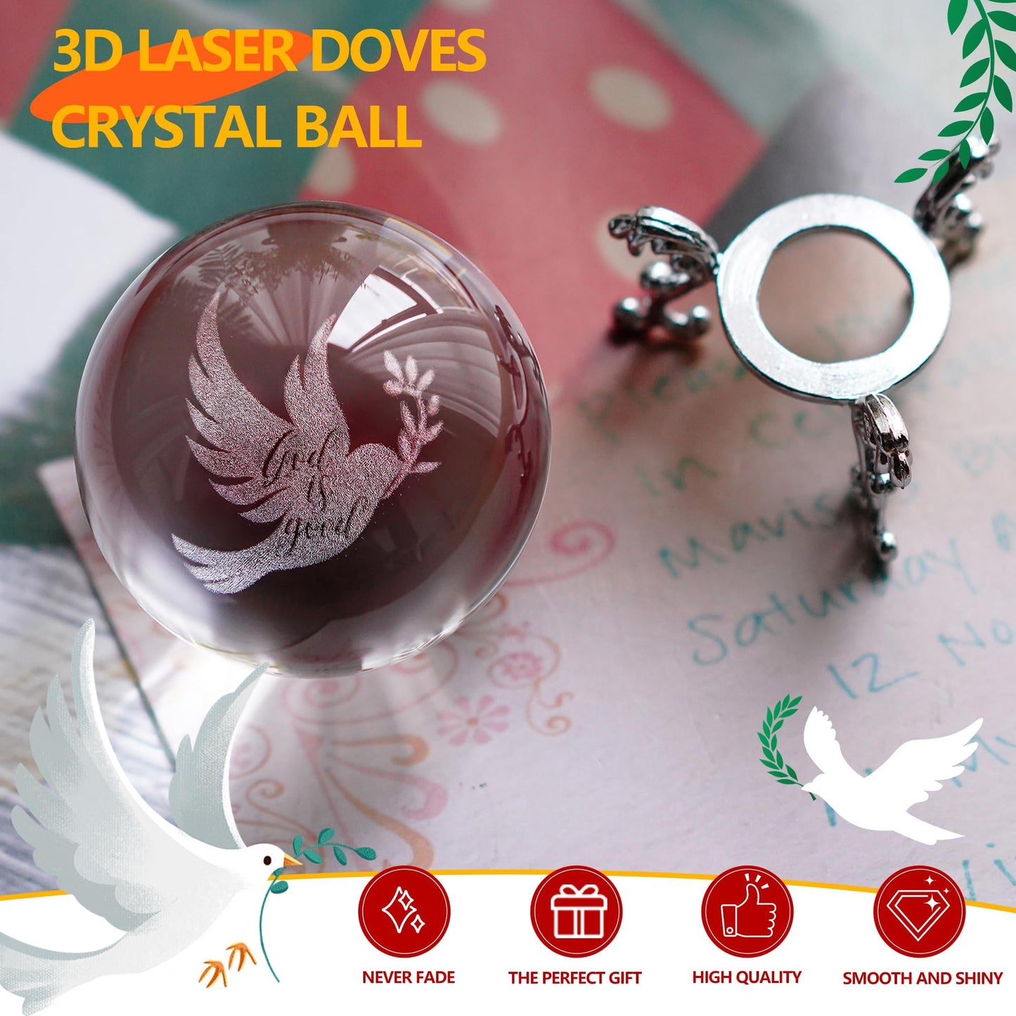 ZEERSHEE 60mm Glass Peace Dove Ball Laser Etched Dove with Olive Branch Crystal Pigeon Ornament with Stand Decor for Home Table