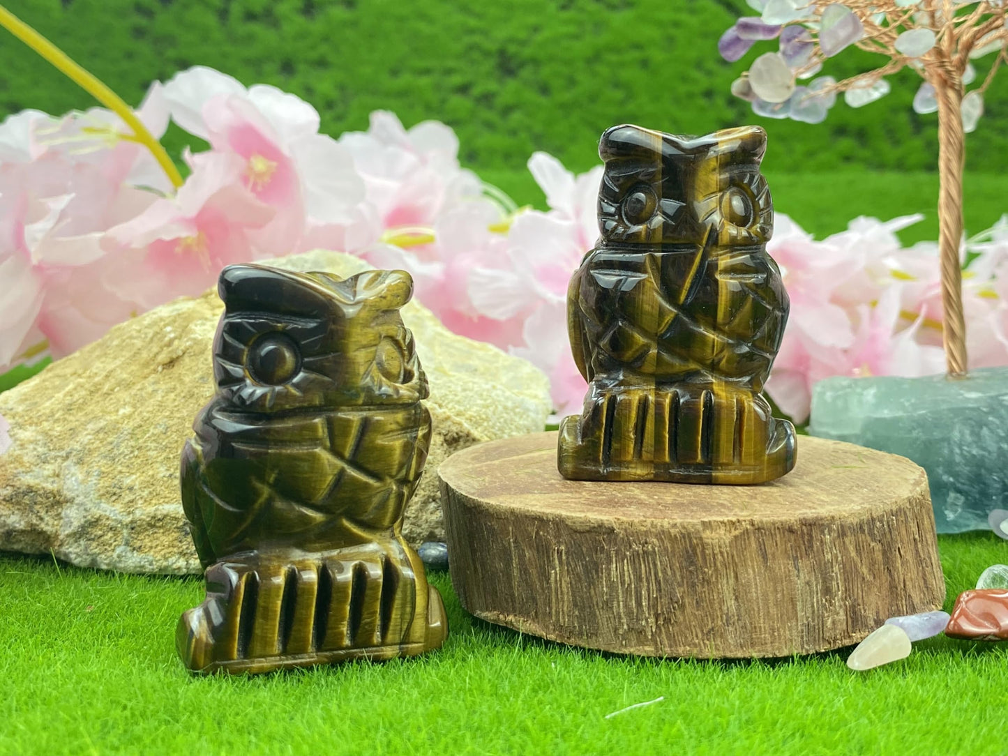 YATOJUZI 2” Owl Decors Natural Tiger's Eye Crystals Stones Cute Decor Polished Hand-Carved Sculpture Statue Figurines Gemstone Home Office Desk Decoration Reiki Energy Gifts