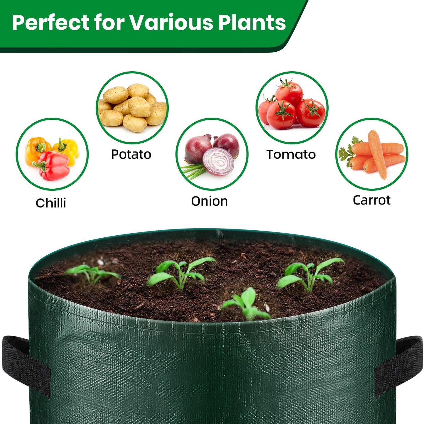 BIJOKETTEN 10 Gallon 8-Pack Grow Bags, Durable PE Fabric Pots with Flap and Handles, Green Planter Bags for Potato Vegetables Flowers Herbs Garden Outdoor, 17.7''x13.8'' Large for All Plants Growing