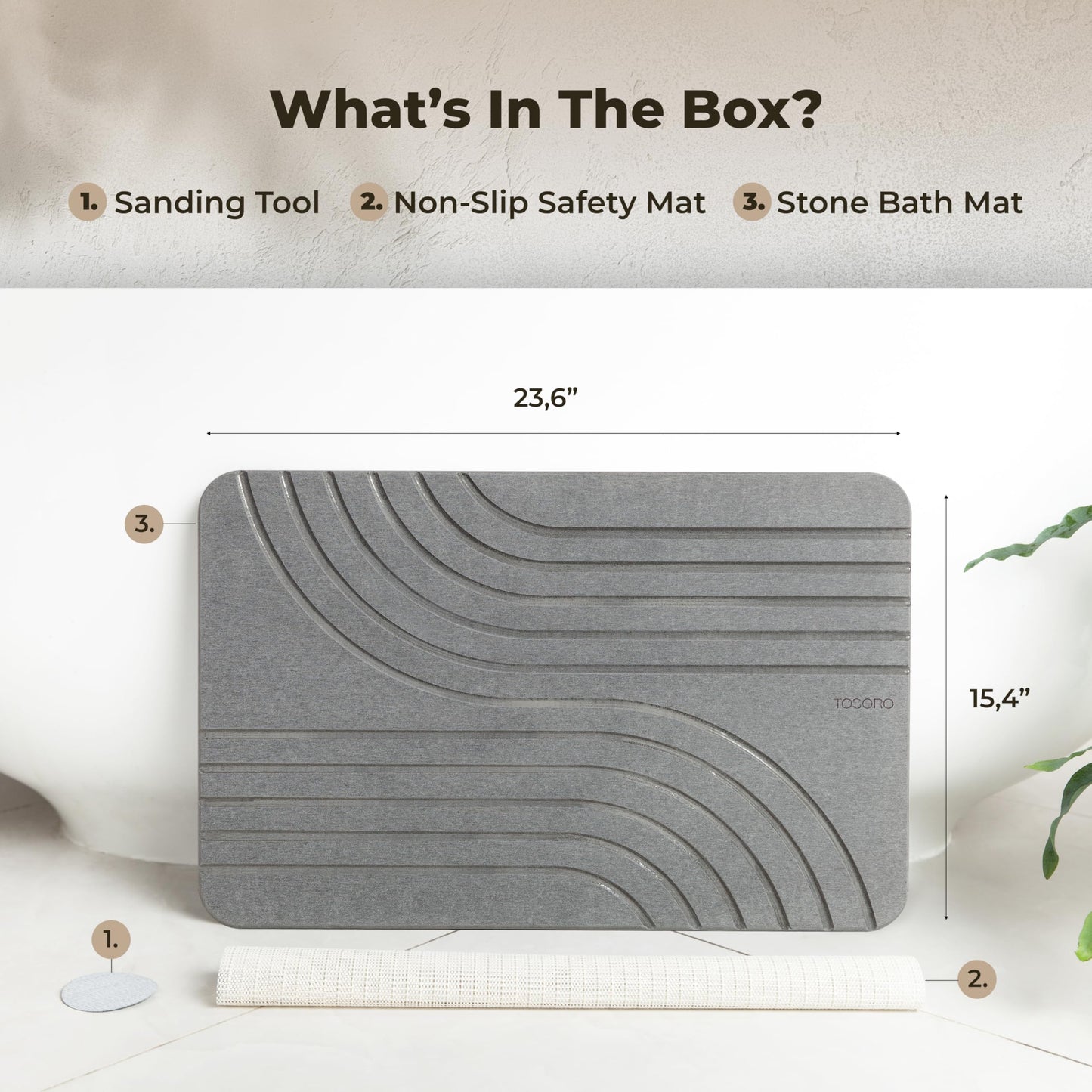 TOSORO - Stone Bath Mat Diatomaceous Earth Shower Mat Non-Slip Super Absorbent Diatomite Stone Bath Mats for Bathroom Floor Quick Drying Natural Easy to Clean (23.5 x 15) - Graphite