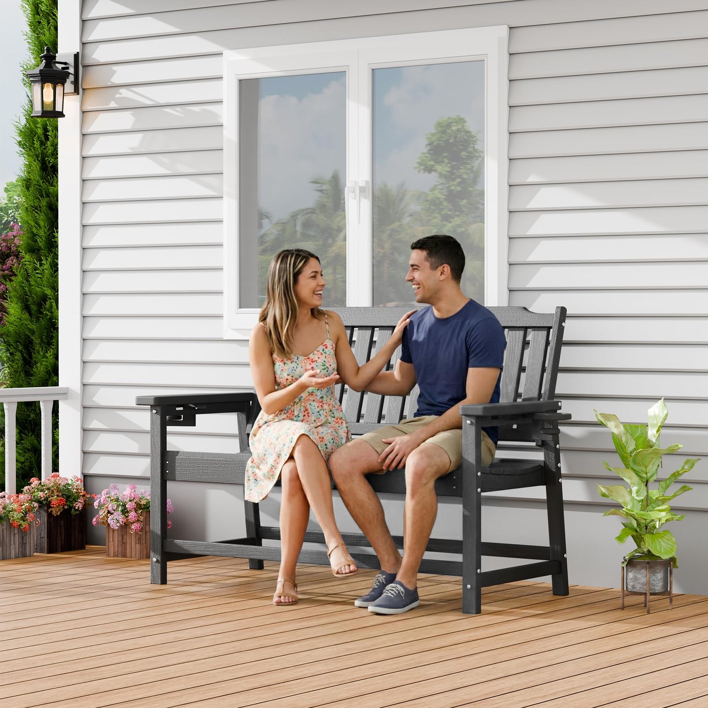 WACASA 48" Outdoor Bench, HDPE Weatherproof Porch Bench, 2-Person Garden Benches with 660 Lbs, Waterproof Patio Benches for Outside Balcony Deck Backyard, Grey
