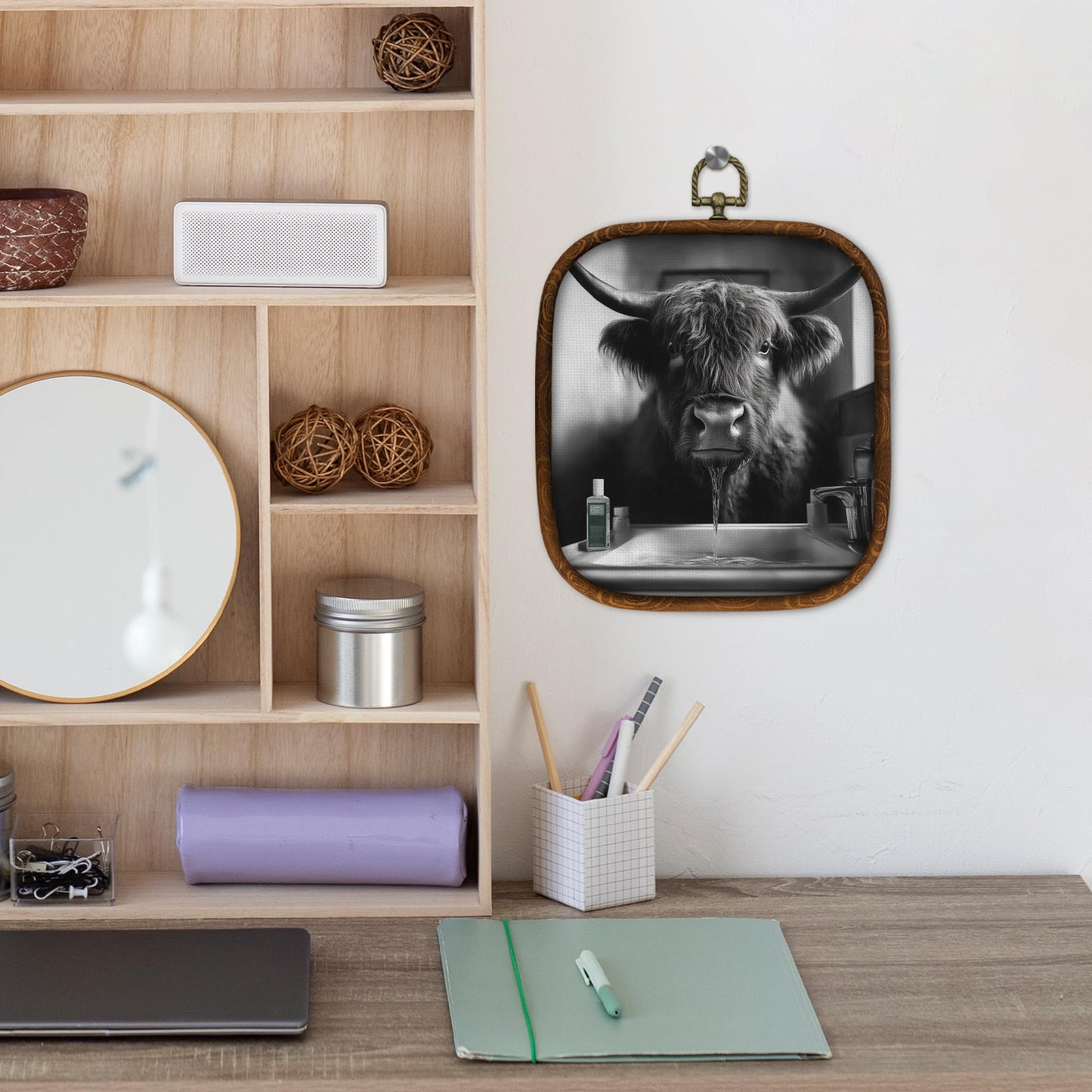 WULQYING Funny Highland Cow Bathroom Wall Art Decor, Highland Cow Framed Canvas Art Prints, Black and White Farmhouse Farm Animal Wall Hanging Decor for Home Bathroom Washroom Restroom, 5.7x6.5 Inches