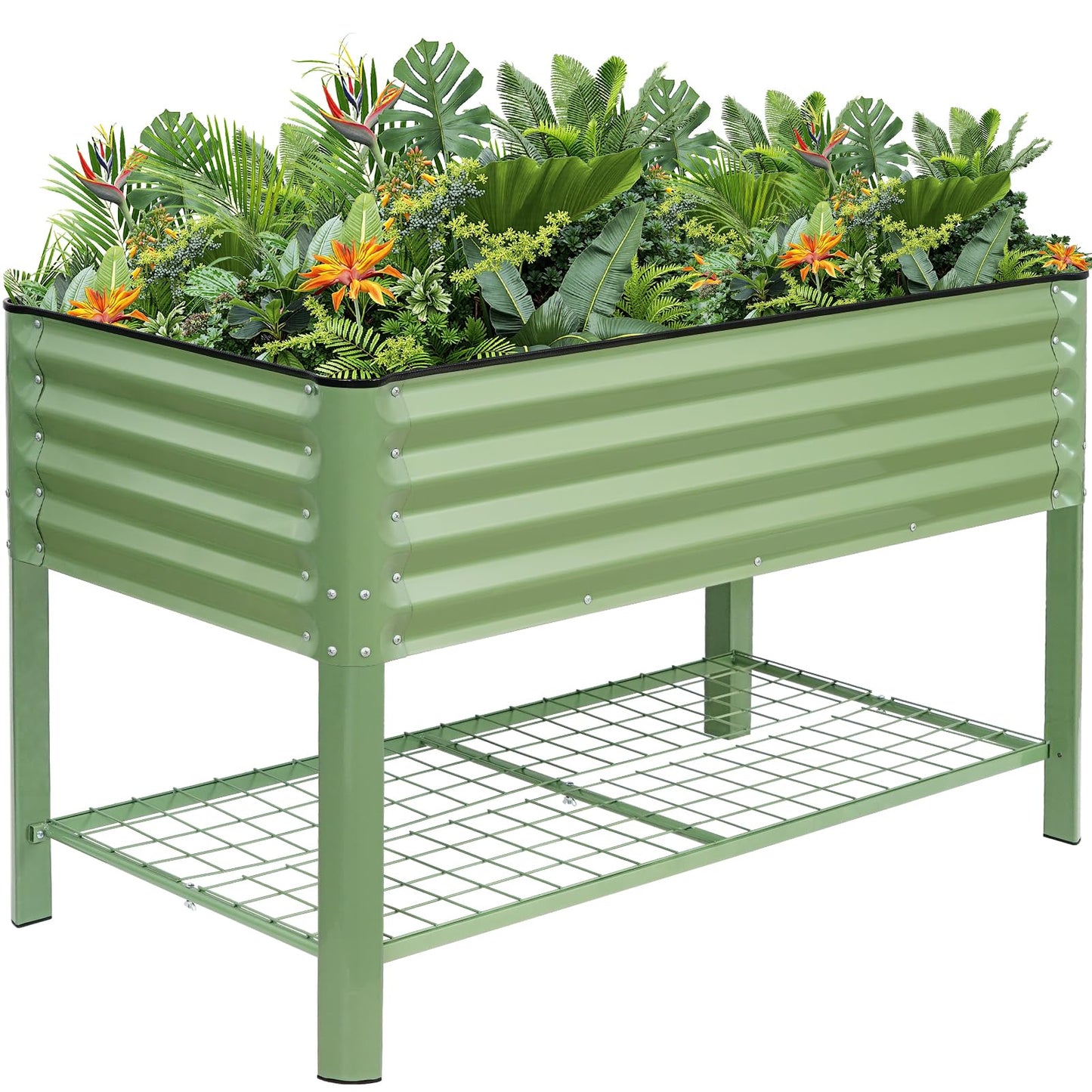 Elevated Raised Garden Bed 2' x 4'- Galvanized Metal Planter Boxes with Legs & Storage Rack, Outdoor Planters for Backyard/Patio/Balcony, with Drainage Holes for Vegetables, Flowers, Herbs, Green