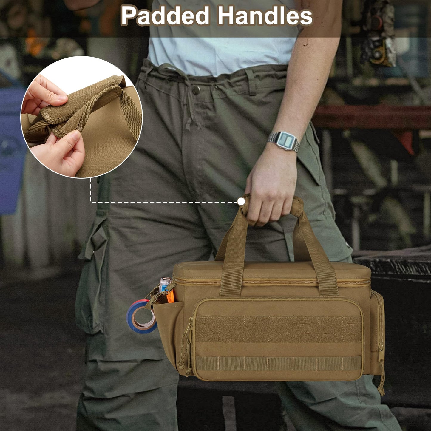 Rexmica 14-Inch Tool Bag with Anti-friction Bottom, Hand Tool Storage Organizer for Men, Tactical Range Bag, Multi-purpose Work Tote for Repairman, Carpenters, Handyman, Khaki