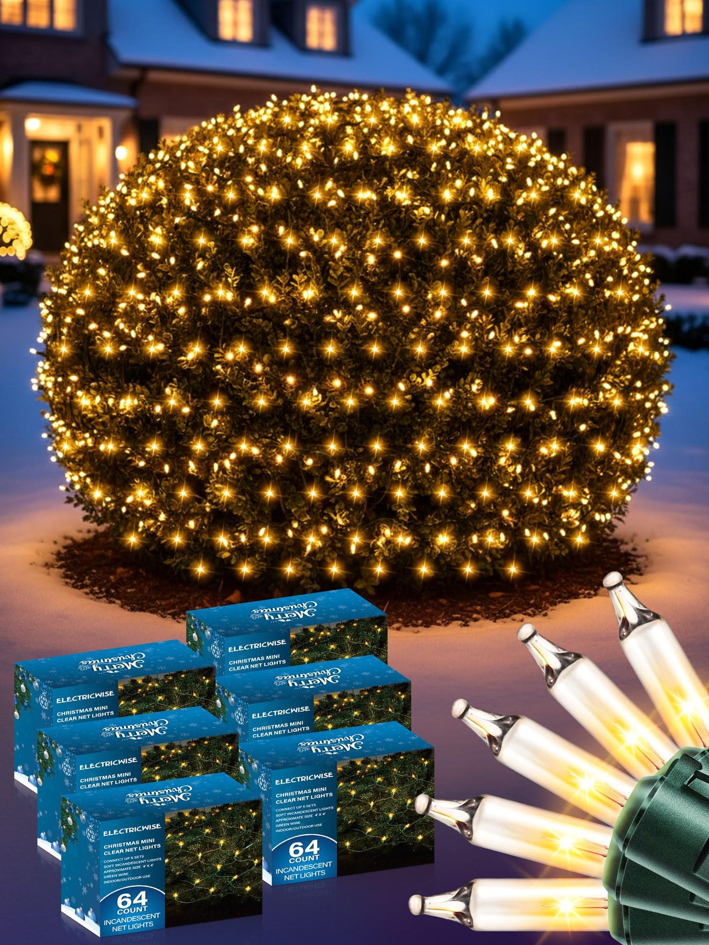 ElectricWise 6 Pack Net Christmas Lights Outdoor 4 x 4 Ft, Clear Mesh Christmas Mini Incandescent Net Lights with End to End Plug for Bushes, Hedges, Tree, Warm White, Green Wire