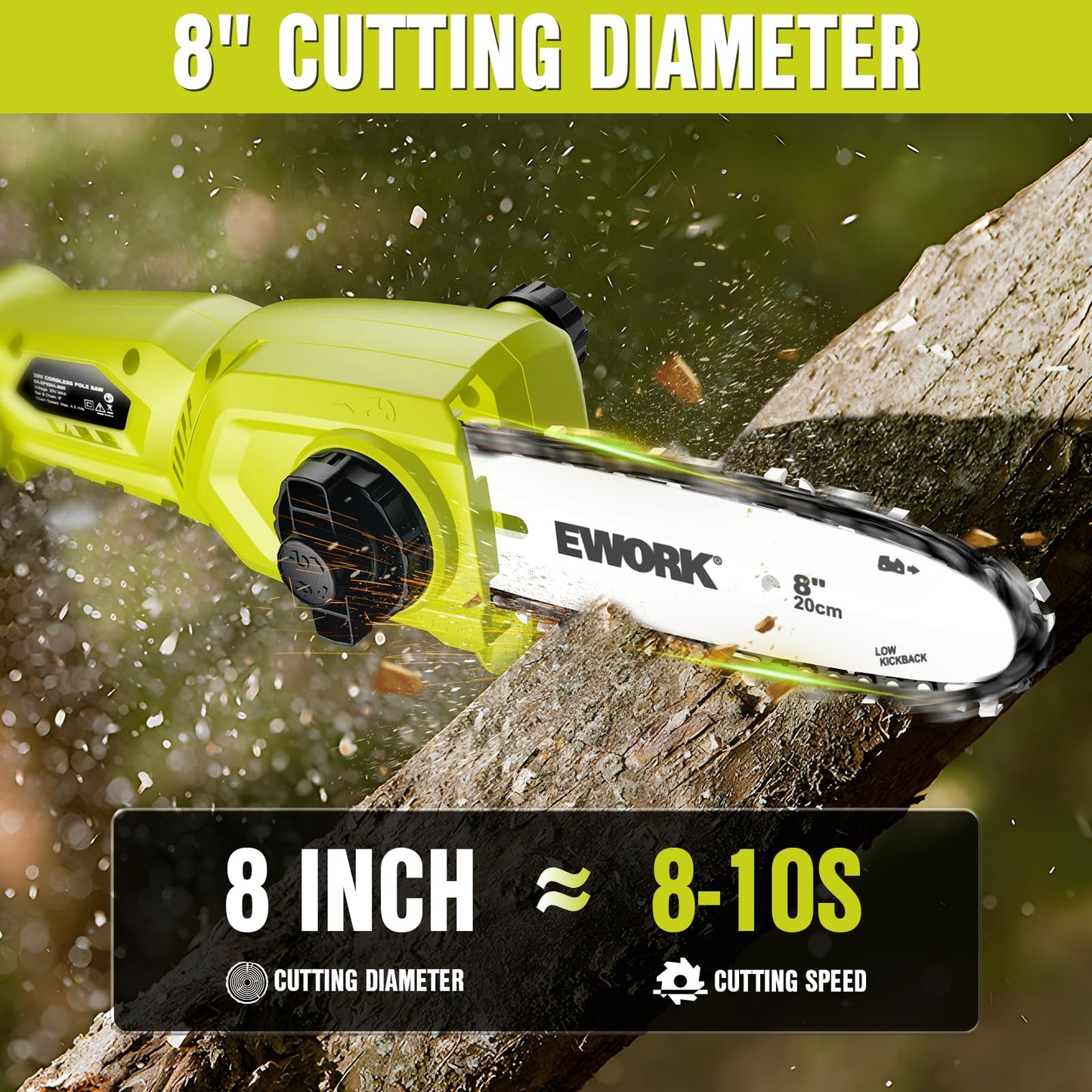 EWORK Electric Pole Saws for Tree Trimming 20V 8-Inch Cordless Pole Chainsaw, Extension to 14.8-Ft, 4-Angle Adjustable Head, Tool-Free Tensioning with 2x2.0Ah Battery & Fast Charger
