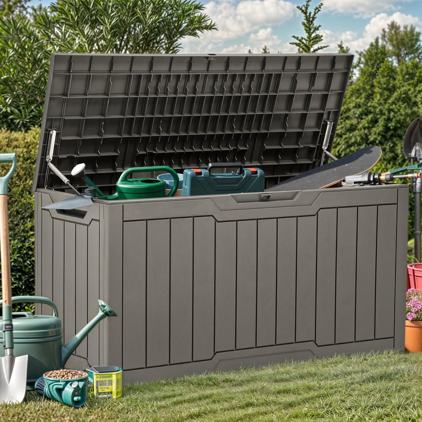 YITAHOME 80 Gallon Resin Deck Box, Waterproof Outdoor Storage Box, Lockable Indoor Outdoor Storage Bench for Supplies and Essentials, Taupe