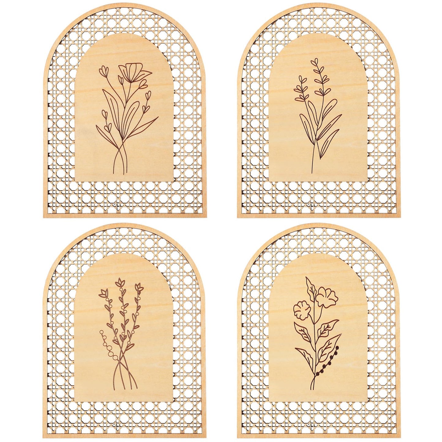 Wesiti 4 Pcs Rattan Wooden Boho Wall Decor Floral Natural Room Wall Art Aesthetic Nursery Farmhouse Hanging Decor for Bedroom Living Room Office