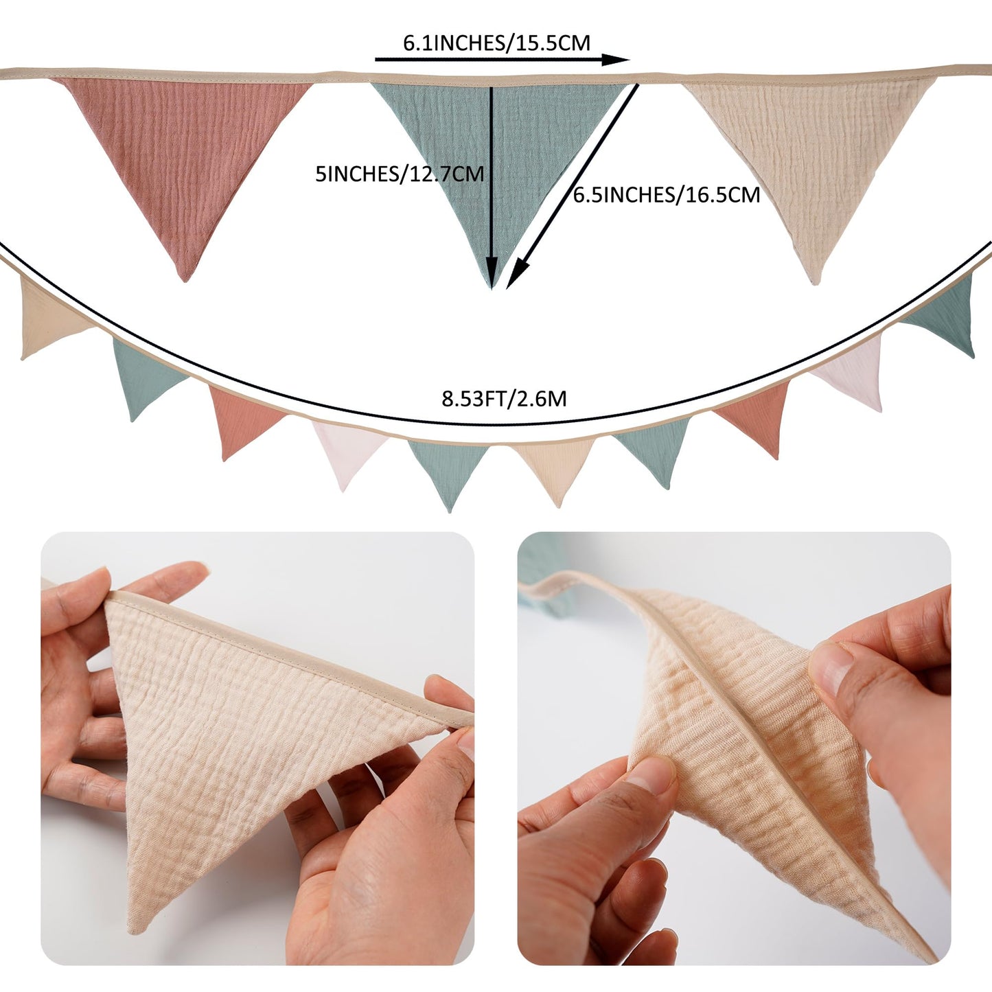 Fabric Bunting Banner, 2 Pack Handmade Neutral String Banner Each 8.5 ft 10 Flags Nursery Wall Hanging Wedding Birthday Home Baby Shower Party Decoration Bunting (Blue)