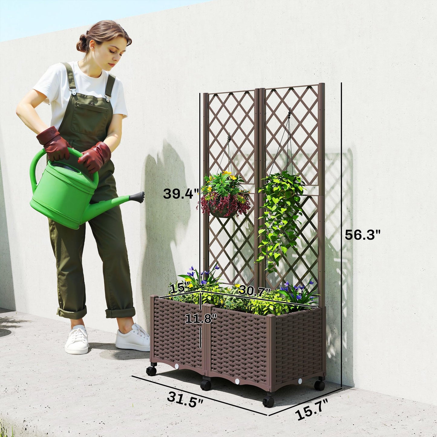 Outsunny Planter Box with Trellis, Self Watering Raised Garden Bed with Lockable Wheels, 56.3" Trellis Privacy Planter with Drainage Holes for Climbing Plants, Vines, Vegetables, Flowers, Brown