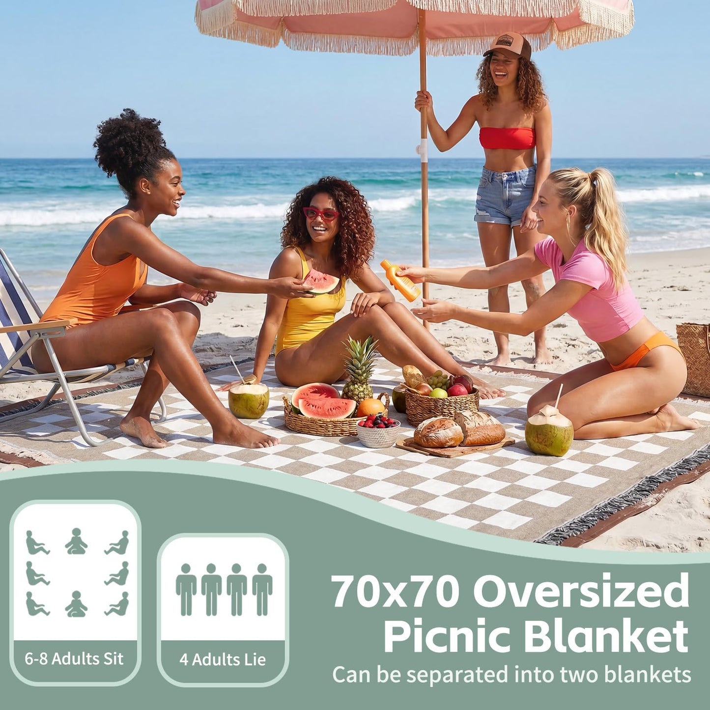 2 in 1 Extra Large Boho Beach Blanket Towel Sand Free Outdoor Picnic Mat Giant Oversized Xl Big Jumbo Huge Turkish Woven Throw Cloud Summer Vacation Essential Travel Must Have Accessories Women Gift