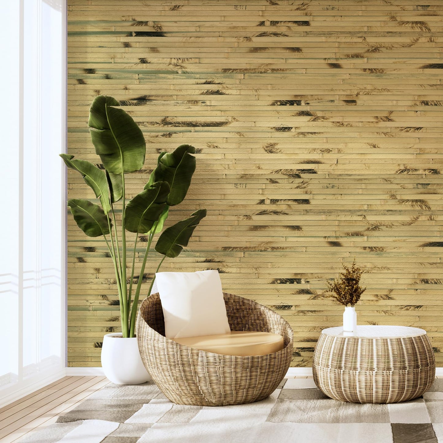 Art3d Natural Bamboo Wall Panel for Interior Wall Decor, Renewable Pole Wrap Wainscoting Paneling for Wall Ceiling Furniture Cabinet Office, 48 x 96 Inch - Light Burned