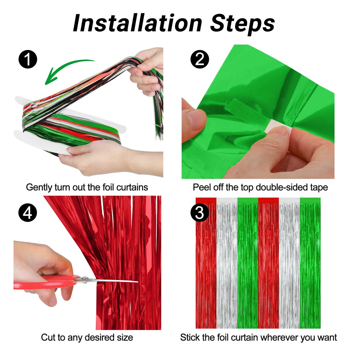 2 Pack Christmas Backdrop, 3.28 FT x 7.05 FT Red Silver Green Party Streamer, Metallic Xmas Backdrop Fringe Curtains Foil Tinsel, Christmas Decorations Wall Decor Photo Booth Props