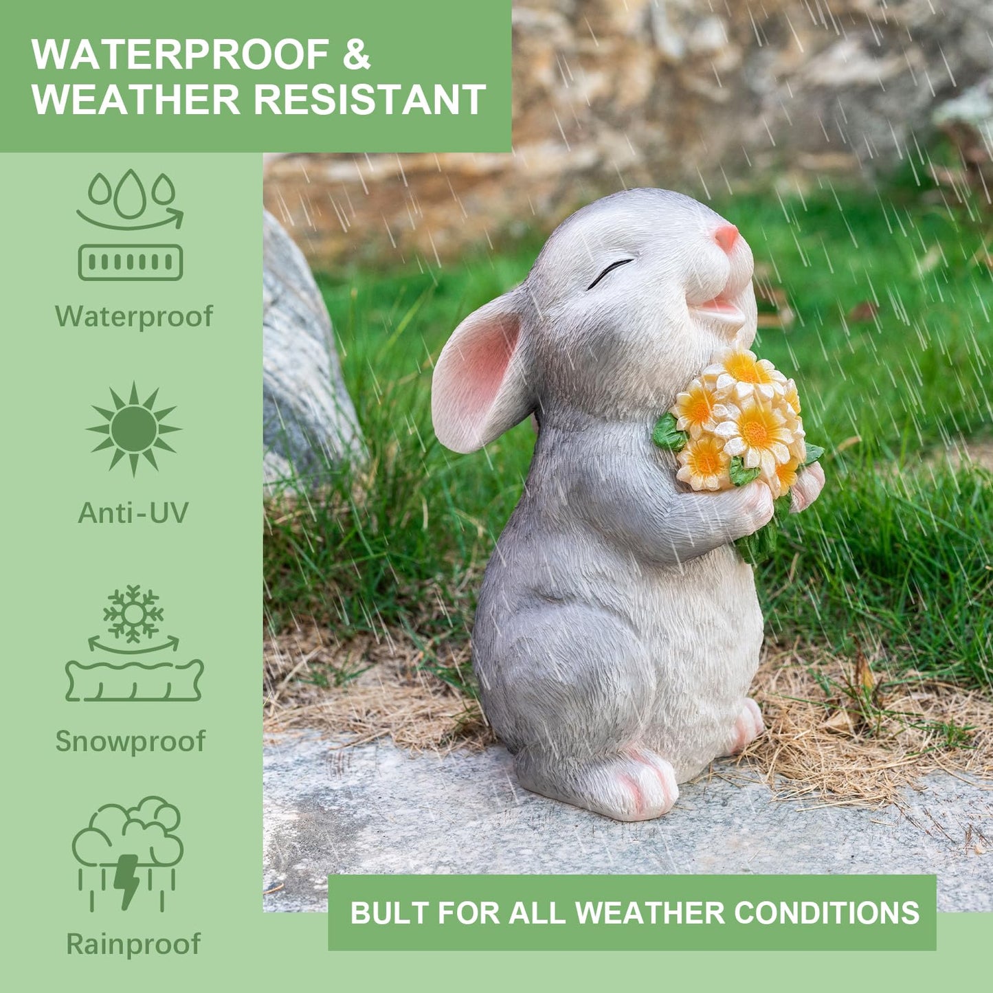 WONDHOME Solar Rabbit Garden Statues Outdoor Bunny Decor Resin Rabbit Figurine Holding Sunflower with LED Lights for Proch Patio Lawn Yard Mother's Day Christmas Birthday Gardening Gifts for Mom Women