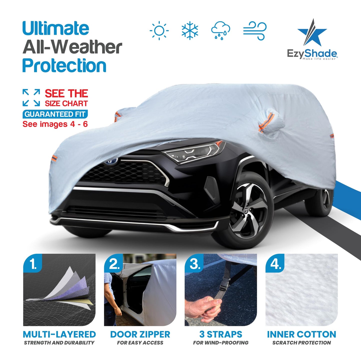 EzyShade 10-Layer SUV Car Cover Waterproof All Weather. See Vehicle Size-Chart for Accurate Fit. Outdoor Full Exterior Covers for Automobiles Heavy Duty Tarp Jeep Rav4 CRV. Size S3 (See SizeChart)