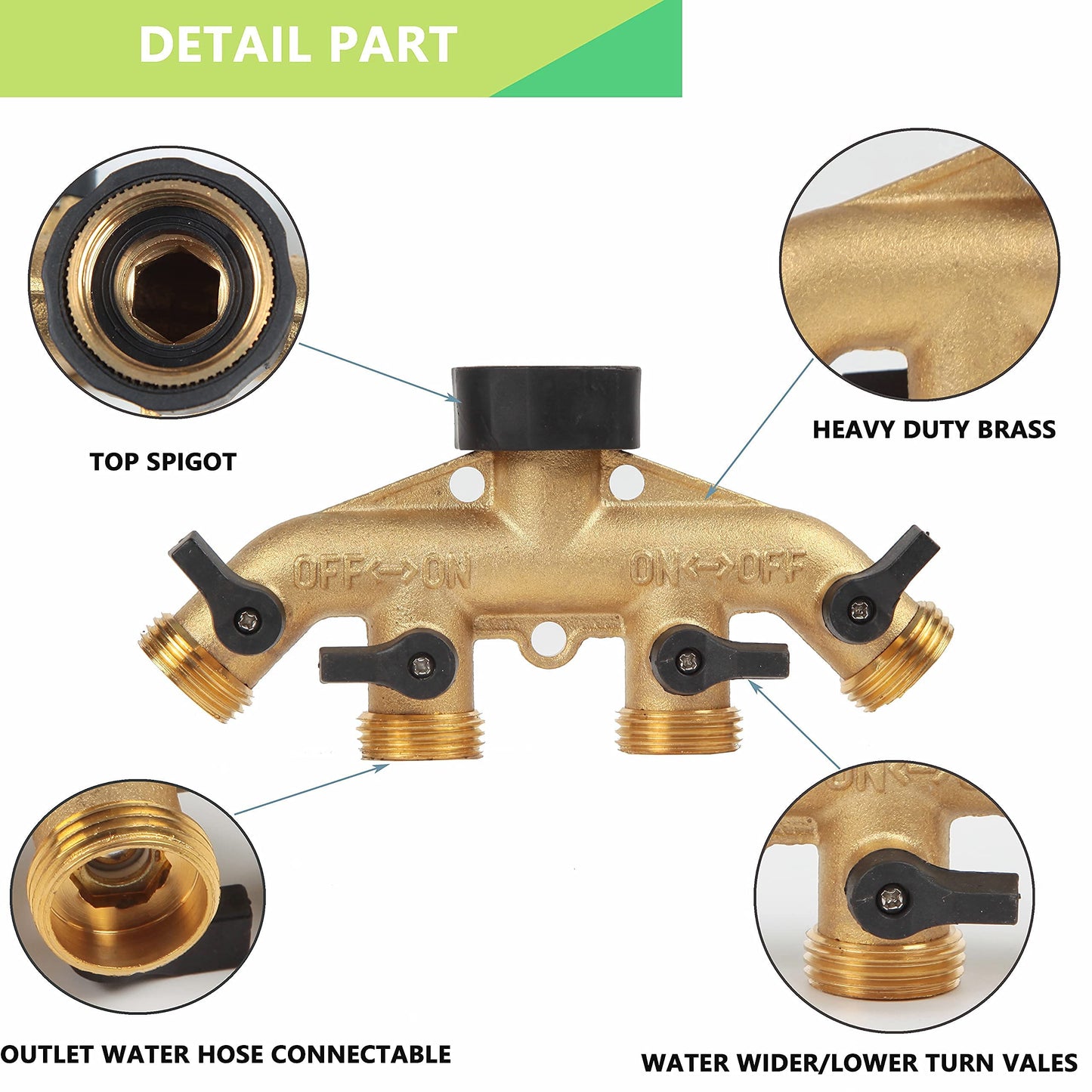 Heavy Duty Brass Garden Hose Splitter, 3/4" 4-Way "Y" Shut-Off Hose Connector Outlet Splitter Spigot Adapter with 2 Kink-Free Outdoor Faucet Extension Hose Protectors for House Lawn Patio Garden